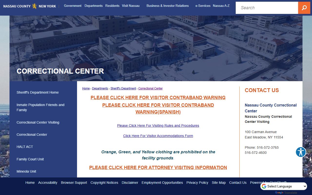 Nassau County inmate population records on the official Correctional Center page