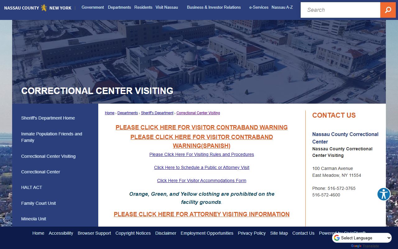 Nassau County inmate records visiting schedule by jail building